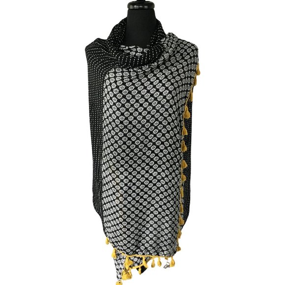 Black White Geometric Striped Yellow Tasseled Wide Long Scarf Wrap Cover Up - Picture 7 of 16